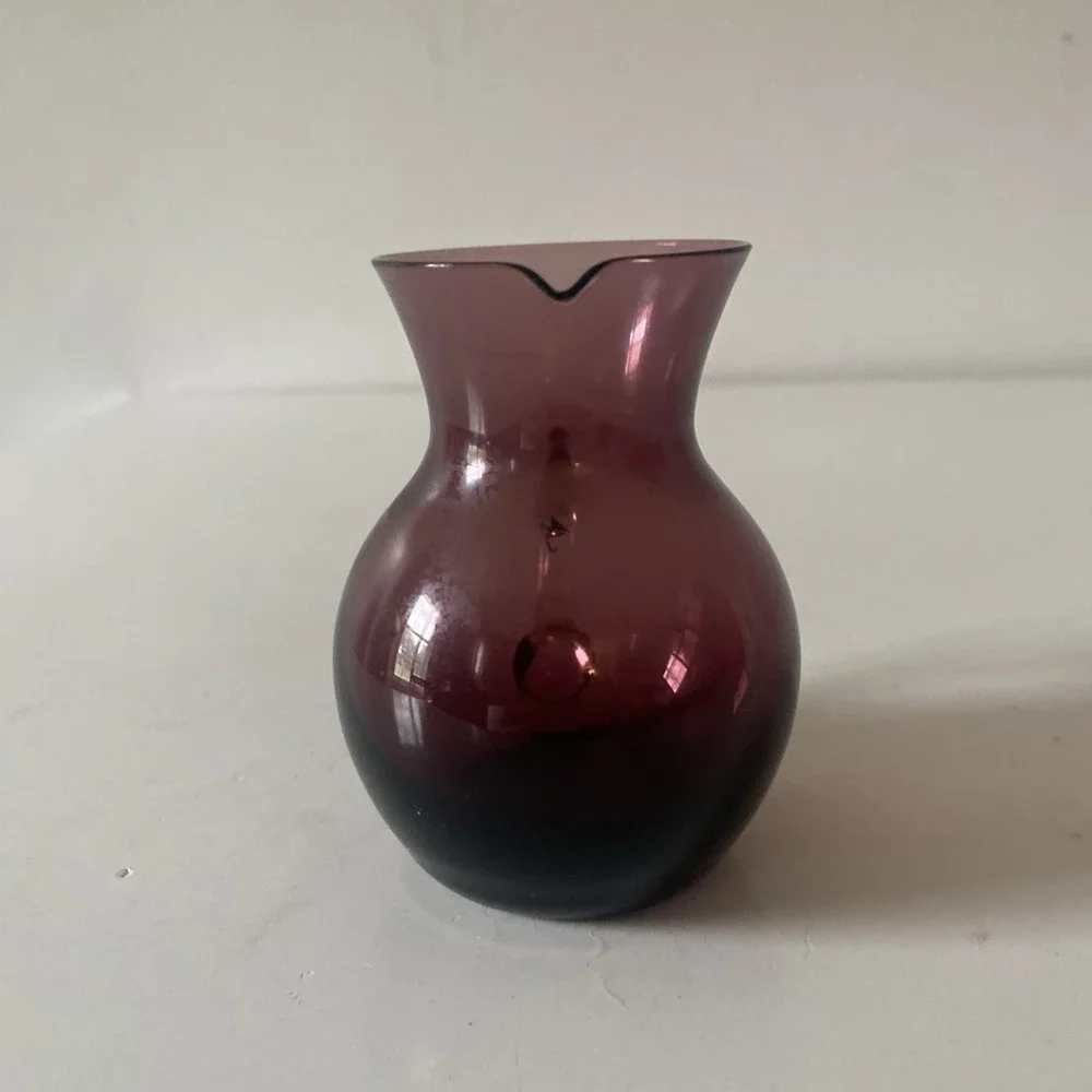 Vintage Purple Plum Enesco Hand Blown Art Glass Miniature Clear Handled Pitcher
